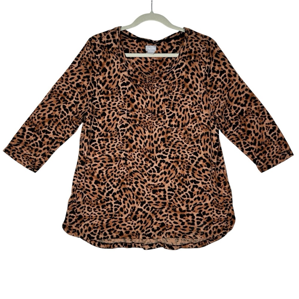Chico's Leopard Print Top Size 2 L 12 Cotton‎ Modal Animal Print Mob Wife Artsy